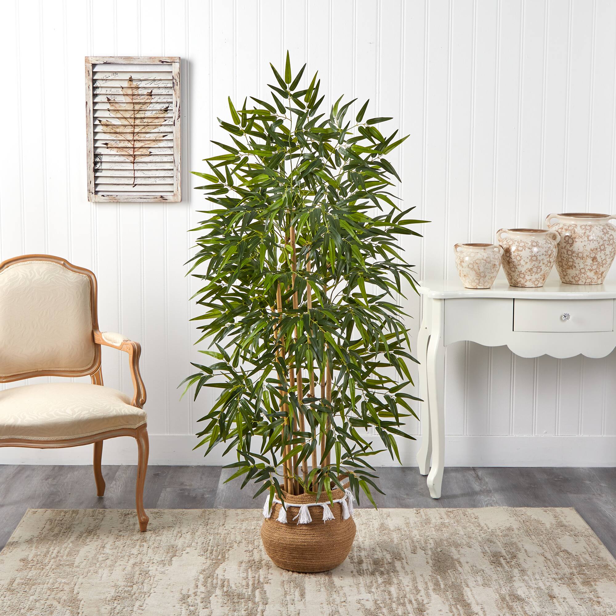 64" Bamboo Artificial Tree with Natural Bamboo Trunks in Boho Chic Handmade Natural Cotton Woven Planter with Tassels